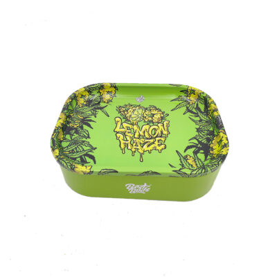 Rolling Tray con contenitore in alluminio resistente con design Best Buds Lemon Haze e vassoio di dimensioni ridotte. Organizza il tuo rolling con stile!